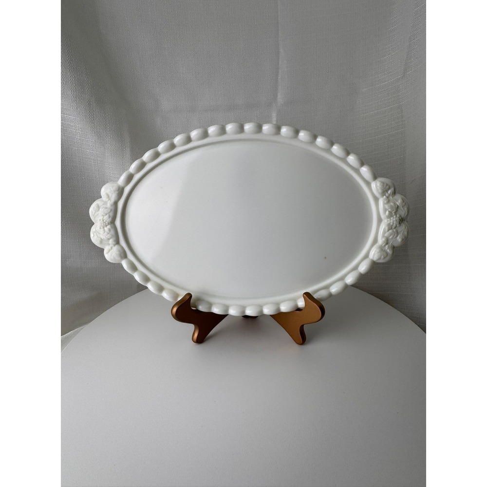 Westmoreland Paneled Grape Milk Glass Oval Serving Platter Beaded Edge 12.75"